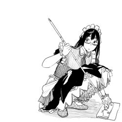 1girl :&lt; alternate_costume collared_shirt corset enmaided full_body glasses greyscale holding holding_mop kantai_collection ken_sogen long_hair long_skirt looking_at_viewer maid maid_headdress monochrome mop ooyodo_(kancolle) polka_dot_footwear ribbed_shirt shirt shoes short_sleeves simple_background skirt solo squatting