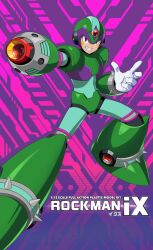 1boy aiming aiming_at_viewer android arm_cannon armor evil_grin evil_smile facial_mark fang feet_out_of_frame fighting_stance full_body gloves green_armor green_helmet grin helmet highres ix_(mega_man) looking_at_viewer male_focus mega_man_(series) official_style purple_background red_eyes robot robot_ears smile solo spiked sprinqgueen weapon white_gloves x_(mega_man)