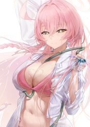 1girl absurdres ahoge arm_up bikini blue_archive blush braid breasts closed_mouth green_eyes halo hanako_(blue_archive) hanako_(swimsuit)_(blue_archive) highres hose jaihu large_breasts long_hair long_sleeves navel official_alternate_costume open_clothes open_shirt pink_bikini pink_hair shirt simple_background single_braid smile solo stomach swimsuit water wet white_background white_shirt