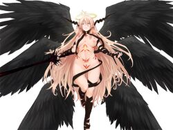 Rule 34 | 1girl, angel, angel wings, black ribbon, black wings, blonde hair, blue eyes, breasts, closed mouth, feathered wings, full-body tattoo, game cg, hair between eyes, halo, holding, holding weapon, large breasts, light frown, long hair, micaela (mon-musu quest!), mon-musu quest!, mon-musu quest: paradox, multiple wings, naked ribbon, navel, nipples, nude, nuppehofu (nibuta), outstretched arms, pointy ears, ribbon, tattoo, variant set, very long hair, weapon, wings, yellow halo
