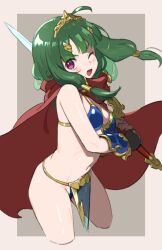 1girl ahoge arm_guards armor bikini_armor blush breasts brown_background cape cowboy_shot cropped_legs etrian_odyssey green_hair hair_ornament hair_tubes head_tilt hero_(sekaiju) hero_2_(sekaiju) highres holding holding_sword holding_weapon long_hair low_twintails medium_hair mya-zawa navel one_eye_closed open_mouth over_shoulder pelvic_curtain pink_eyes red_cape sekaiju_no_meikyuu sekaiju_no_meikyuu_x simple_background small_breasts smile solo standing sword sword_over_shoulder tiara twintails two-handed two-tone_background variant_set weapon weapon_over_shoulder white_background