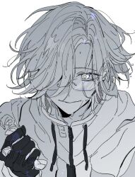 Rule 34 | 1boy, aotsuki eito, clenched hand, drawstring, glasses, gloves, greyscale, jacket, looking at viewer, male focus, monochrome, palme310, portrait, rimless eyewear, short hair, simple background, solo, the hundred line -last defense academy-, zipper