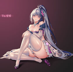 1girl black_footwear blue_collar blue_eyes blue_hair breasts closed_mouth collar commission detached_collar detached_sleeves flower grey_hair hair_flower hair_ornament highres large_breasts long_hair long_legs mad_kimo multicolored_hair original pink_flower ponytail see-through_clothes see-through_sleeves skirt snowflake_pupils solo streaked_hair tassel thighhighs white_skirt white_thighhighs