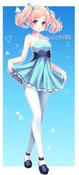 Rule 34 | 1girl, absurdres, artist name, bare arms, bare shoulders, black footwear, blonde hair, blue background, blue bow, blue dress, blue eyes, blush, bow, breasts, bubbles (ppg), closed mouth, collarbone, commentary, crossed legs, dress, english commentary, full body, hair bow, highres, pantyhose, parted bangs, petticoat, powerpuff girls, sasucchi95, short hair, simple background, small breasts, smile, solo, standing, strapless, strapless dress, triangle, twintails, white pantyhose