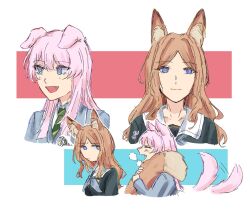 2girls animal_ears bang_dream! bang_dream!_it&#039;s_mygo!!!!! blue_eyes blue_shirt blush brown_hair chihaya_anon closed_eyes commentary diagonal-striped_clothes diagonal-striped_necktie dog_ears dog_girl dog_tail fang fox_ears fox_girl fox_tail green_necktie grey_eyes grey_jacket grey_neckerchief haneoka_school_uniform highres hugging_tail jacket long_hair multiple_girls nagasaki_soyo neckerchief necktie niigouki open_mouth pink_hair school_uniform shirt squiggle striped_clothes symbol-only_commentary tail tsukinomori_school_uniform