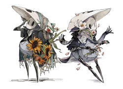 Rule 34 | 2others, black scarf, black skin, black vest, bug, colored skin, cracked mask, dress shirt, dual persona, falling petals, fioco virus, flower, flower on shoulder, formal clothes, grey ribbon, grey suit, hand on mask, hand up, highres, holding, holding flower, hollow eyes, hollow knight, looking to the side, looking up, mask, mask on head, multiple others, multiple views, no humans, petals, pink flower, pink petals, quirrel, red flower, red rose, ribbon, rose, scarf, shirt, silk, simple background, sitting, spider web, striped ribbon, suit, sunflower, vest, white background, white flower, white mask, white rose, white shirt