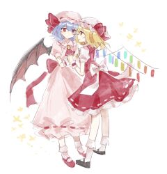 2girls absurdres ascot back_bow bat_wings black_shoes blonde_hair blue_hair blush bobby_socks bow brooch chinese_commentary closed_mouth commentary crystal_wings dress flandre_scarlet frilled_wrist_cuffs frills full_body hat hat_ribbon highres holding_hands jewelry looking_at_another mary_janes mob_cap multicolored_wings multiple_girls one_side_up pink_dress pink_hat puffy_short_sleeves puffy_sleeves red_ascot red_eyes red_ribbon red_shoes red_skirt red_vest remilia_scarlet ribbon ribbon-trimmed_dress ribbon-trimmed_skirt ribbon_trim shirt shoes short_hair short_sleeves siblings simple_background sisters skirt smile socks standing touhou vest white_background white_bow white_shirt white_socks wings wrist_cuffs wusem0108