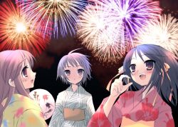3girls :d aerial_fireworks asahina_mikuru blush brown_hair fireworks floral_print hand_fan ito_noizi japanese_clothes kimono long_hair long_sleeves looking_up multicolored_kimono multiple_girls nagato_yuki night novel_illustration official_art open_mouth paper_fan pink_kimono print_kimono second-party_source short_hair smile suzumiya_haruhi suzumiya_haruhi_no_yuuutsu uchiwa upper_body yellow_kimono yukata