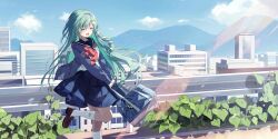 1girl alternate_costume animal_print bag bag_charm blue_skirt blue_sky blush boots brown_shoes building cardigan charm_(object) cloud commentary contemporary day english_commentary facing_viewer frog_hair_ornament frog_print game_cg green_hair grey_cardigan hair_ornament hair_tubes highres holding holding_bag knee_boots kochiya_sanae leaf leg_up loafers long_hair long_sleeves neckerchief official_art open_cardigan open_clothes open_mouth pentagon_(railgun_ky1206) print_socks railing red_neckerchief sailor_collar sailor_shirt school_bag school_uniform shirt shoes single_hair_tube skirt sky smile snake_hair_ornament socks solo third-party_source touhou touhou_lostword very_long_hair white_shirt white_socks