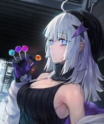 Rule 34 | 1girl, aa-12 (girls&#039; frontline), absurdres, ahoge, alley, armpit crease, bad id, bad pixiv id, bags under eyes, black collar, black gloves, black hat, black tank top, blue eyes, breasts, buckle, candy, cleavage, collar, commentary, expressionless, fire escape, food, girls&#039; frontline, gloves, hair ornament, hat, highres, holding, holding candy, holding food, holding lollipop, jacket, lollipop, looking at viewer, medium hair, multicolored jacket, nlitz, off shoulder, open clothes, open jacket, outdoors, purple gloves, purple jacket, ribbed collar, ribbed tank top, shorts, sideways glance, snap-fit buckle, solo, star (symbol), star hair ornament, tank top, turtleneck, two-sided fabric, two-sided gloves, two-sided jacket, two-tone jacket, white hair, white jacket