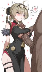 1girl absurdres anger_vein black_dress blonde_hair blush breasts china_dress chinese_clothes clothing_cutout dress eyewear_on_head grabbing_another&#039;s_breast groping hair_over_one_eye handsfree_paizuri highres huge_penis kt579 large_breasts open_mouth paizuri pelvic_curtain penis precum purple_eyes skindentation spoken_anger_vein sweety_(zenless_zone_zero) tinted_eyewear yellow-tinted_eyewear zenless_zone_zero