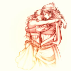 Rule 34 | 2girls, amano yoshitaka (style), arm markings, bare shoulders, bold-lady-boss, closed eyes, couple, cropped legs, fanille, final fantasy, final fantasy viii, final fantasy xiii, hand on another&#039;s shoulder, heads together, hug, logo parody, markings, midriff, multiple girls, oerba dia vanille, oerba yun fang, parody, simple background, smile, style parody, yuri