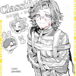 Rule 34 | 2boys, animal ears, aotsuki eito, blood, blood on face, bound, bound arms, bow, bowtie, character request, chibi, chibi inset, chinese commentary, commission, copyright request, glasses, greyscale, highres, kemonomimi mode, looking at viewer, male focus, mixed-language text, monochrome, multiple boys, oxeyedaisy, pillarboxed, purple eyes, rabbit, rabbit ears, red eyes, red pupils, short hair, spot color, straitjacket, the hundred line -last defense academy-, watermark