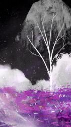 Rule 34 | artist name, asexual flag, bush, cloud, field, flower, flower field, fog, landscape, limited palette, night, no humans, original, outdoors, painterly, plain, purple flower, scenery, signature, sky, star (sky), starry sky, tree, white tree, zandra