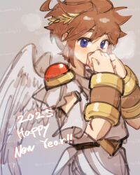 Rule 34 | 1boy, 2025, ahoge, belt, blue eyes, blush, bracer, brown hair, covering own mouth, grey background, happy new year, highres, kid icarus, kid icarus uprising, ko iwari ngo, laurel crown, male focus, mixed-language commentary, new year, nintendo, pit (kid icarus), puff of air, short hair, sidelocks, solo, spiked hair, too many watermarks, upper body, watermark