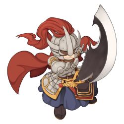 1boy armor black_boots blue_pants boots breastplate cape chibi chibi_only faceless faceless_male faulds full_body gauntlets general_daehyun grin halberd helmet knight korean_clothes male_focus pants plume polearm ragnarok_online red_cape simple_background smile solo transparent_background weapon yuichirou