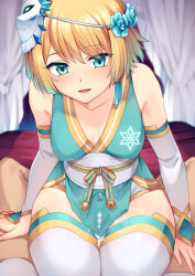 Rule 34 | 1boy, 1girl, blonde hair, blue eyes, breasts, cum, female focus, fire emblem, fire emblem heroes, fjorm (fire emblem), fjorm (ninja) (fire emblem), implied sex, looking at viewer, medium breasts, nintendo, pov, sitting, sitting on person, thick thighs, thigh sex, thighs, tsukitokage, wide hips