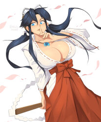 1girl barleyshake black_hair blue_eyes breasts cleavage cowboy_shot finger_to_mouth hakama highres index_finger_raised japanese_clothes jewelry large_breasts long_hair long_sleeves looking_at_viewer miko necklace pants red_hakama red_pants red_ribbon ribbon ribbon-trimmed_sleeves ribbon_trim sengoku_ace sengoku_blade shirt shushing signature simple_background smile solo togashi_koyori white_background white_shirt