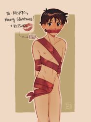 1boy blush bound brown_hair gagged highres ikari_shinji lipstick_mark male_focus neon_genesis_evangelion nipples nude penis ribbon ribbon_bondage shota solo sweat tiramisoups