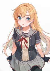 1girl abukuma_(kancolle) abukuma_kai_ni_(kancolle) bike_shorts bike_shorts_under_skirt black_gloves blonde_hair blue_eyes commission gloves grey_skirt hair_down kantai_collection long_hair mitsuyo_(mituyo324) neck_ribbon partially_fingerless_gloves pleated_skirt red_ribbon ribbon school_uniform serafuku short_sleeves shorts shorts_under_skirt simple_background skirt solo white_background