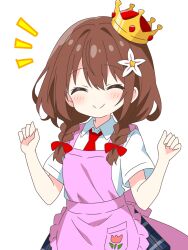 1girl ^_^ apron blue_skirt blush brown_hair closed_eyes closed_mouth collared_shirt commentary_request crown dot_nose facing_viewer flower hair_flower hair_ornament hands_up highres kotatsu-mazoku medium_hair necktie notice_lines original pink_apron pink_apron_girl_(kotatsu-mazoku) plaid_clothes plaid_skirt pleated_skirt red_necktie school_uniform shirt simple_background skirt smile solo upper_body white_background white_shirt
