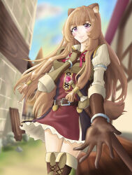 1girl animal_ear_fluff animal_ears armor belt black_dress blue_sky blush boots breastplate breasts brown_belt brown_boots brown_gloves brown_hair closed_mouth cloud cloudy_sky collared_dress commentary_request cowboy_shot day dress elbow_gloves gloves gpsmikasa_game hand_on_own_chest high_collar highres layered_dress leather_armor long_hair looking_at_viewer medium_breasts metal_arm_cuffs metal_hair_tubes metal_wrist_cuffs neck_ribbon outdoors outstretched_arm pauldrons pink_eyes raccoon_ears raccoon_girl raccoon_tail raphtalia red_dress red_ribbon ribbon scabbard sheath sheathed short_hair shoulder_armor single_pauldron sky smile solo standing sword tail tate_no_yuusha_no_nariagari thigh_boots two-tone_dress weapon white_dress