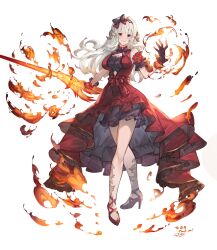1girl au_ra ayacho black_bow black_gloves bow bowtie closed_mouth commentary commission crossed_legs dragon_horns dress final_fantasy final_fantasy_xiv fire flaming_sword flaming_weapon full_body gloves hair_bow hetero high-low_dress high-low_skirt high_heels highres holding holding_sword holding_weapon horns long_hair looking_at_viewer purple_bow purple_bowtie purple_eyes red_bow red_dress red_eyes red_footwear red_mage_(final_fantasy) skeb_commission solo standing sword thank_you warrior_of_light_(ff14) weapon white_hair