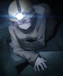 akiha_rumiho arm_support bent_over black_boots boots breast_pocket breasts brown_jacket brown_shirt cargo_pants closed_mouth crack cracked_floor cracked_wall crossed_arms dim_lighting flashlight flashlight_beam game_cg gloves hair_between_eyes hard_hat helmet highres huke jacket kneeling long_hair looking_at_viewer medium_breasts microphone night official_art open_collar pants pink_eyes pink_hair pocket ringed_eyes rubble shiny_lips shirt short_hair square_pupils steins;gate steins;gate:_linear_bounded_phenogram torch tsurime underground wavy_mouth white_gloves yellow_helmet