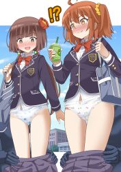 Rule 34 | !?, 2girls, 2others, absurdres, ahoge, arm at side, assisted exposure, bag, blazer, blue sky, blunt bangs, blunt ends, blush, bow, bow print, bowtie, breasts, bright pupils, brown eyes, brown hair, closed mouth, clothes pull, collared shirt, commentary request, crotch seam, cup, day, disposable cup, drinking straw, emblem, fate/grand order, fate (series), feet out of frame, fujimaru ritsuka (female), hair ornament, hair scrunchie, hand up, hands up, heart, heart panties, heart print, highres, holding, holding cup, holding strap, humiliation, jacket, komahime (fate), large breasts, large variant set, letterboxed, long hair, long sleeves, looking down, low twintails, medium hair, multiple girls, multiple others, nose blush, one side up, open mouth, orange eyes, orange hair, outdoors, outside border, panties, pantsing, pleated skirt, print panties, pulling another&#039;s clothes, purple jacket, purple skirt, red bow, red bowtie, school bag, school uniform, scrunchie, shimouki izui, shirt, skirt, skirt pull, sky, small breasts, smile, sphere hair ornament, split mouth, standing, surprised, twintails, underwear, variant set, wavy mouth, white panties, white pupils, white shirt, wing collar, yellow scrunchie