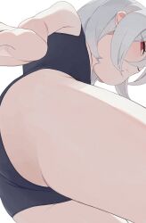 Rule 34 | 1girl, black one-piece swimsuit, closed mouth, flat chest, from below, grey hair, highres, hiroki (yyqw7151), looking at viewer, looking down, one-piece swimsuit, original, red eyes, short hair, simple background, solo, swimsuit, thighs, white background