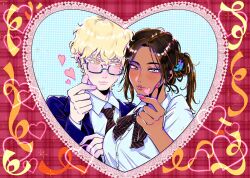 Rule 34 | 1boy, 1girl, alien stage, black bow, black bowtie, black necktie, blonde hair, blue-framed eyewear, blue jacket, bow, bowtie, brown hair, claw hair clip, collared shirt, colored eyelashes, commentary, dark-skinned female, dark skin, diagonal-striped bow, diagonal-striped bowtie, diagonal-striped clothes, diagonal-striped necktie, english commentary, finger heart, glasses, grey eyes, hair ornament, hairclip, heart, highres, hyuna (alien stage), jacket, lace, looking at another, looking at viewer, luka (alien stage), moonsolw, necktie, official alternate costume, parted lips, pink lips, plaid background, school uniform, shirt, striped clothes, white shirt, yellow eyes