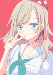Rule 34 | 1girl, :/, blue eyes, blush, breast pocket, ceras yanagida lilienfeld, closed mouth, commentary request, dress, grey hair, hair ribbon, hasu no sora school uniform, hat, highres, link! like! love live!, looking at viewer, love live!, nanase itsuki, party hat, pink ribbon, pocket, puffy short sleeves, puffy sleeves, red background, red hat, ribbon, sailor collar, sailor dress, school uniform, short sleeves, simple background, solo, summer uniform, v, v over mouth, virtual youtuber, white dress, white sailor collar