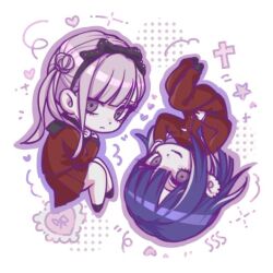 1boy 1girl black_bow bow brother_and_sister chibi chibi_only cross hair_bow heart long_hair looking_at_viewer matching_outfits pink_hair purple_hair siblings simple_background star_(symbol) the_hundred_line_-last_defense_academy- tsukumo_ima tsukumo_kako twins twintails white_background