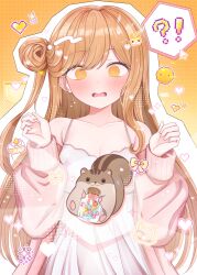 Rule 34 | !?, 1girl, @ @, absurdres, bare shoulders, black survival, blush, bow, breasts, brown hair, cake, cake slice, chipmunk, cleavage, collarbone, cursor, dress, eternal return: black survival, food, hair bun, halftone, halftone background, hands up, heart, highres, jacket, jacket partially removed, koi wa itsumo, long hair, long sleeves, looking down, nose blush, one side up, open clothes, open jacket, open mouth, orange background, orange eyes, outline, pink jacket, pixel art inset, puffy long sleeves, puffy sleeves, simple background, single hair bun, single sidelock, sleeveless, sleeveless dress, small breasts, solo, spaghetti strap, squirrel, straight-on, swept bangs, tia (black survival), tongue, upper body, very long hair, white dress, white outline, yellow bow
