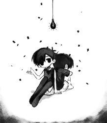 2boys antenna_hair arm_support black_eyes black_hair black_shirt black_thighhighs closed_mouth confetti dual_persona knees_up light_bulb male_focus multiple_boys omori omori_(omori) rou_(h_s_sinrin) shirt short_hair shorts sitting socks striped_clothes striped_shorts sunny_(omori) t-shirt thighhighs vertical-striped_clothes vertical-striped_shorts white_shorts white_socks