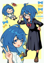Rule 34 | 1girl, :d, absurdres, ahoge, black sailor collar, black skirt, blue bow, blue eyes, blue hair, blush, boned meat, bow, braid, chibi, closed eyes, delinquent, food, glasses, hand on own hip, highres, leaning forward, long skirt, make heroine ga oo sugiru!, meat, multiple views, open mouth, red bow, round eyewear, sailor collar, school uniform, shao (shaorouhong), skirt, smile, sukeban, twin braids, v, yanami anna, yellow background, yellow bow
