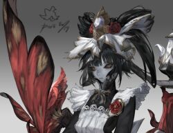 Rule 34 | 1girl, aepori, apron, black eyes, black hair, colored skin, grey background, grey skin, long hair, looking at viewer, maid apron, maid headdress, orange pupils, original, puffy short sleeves, puffy sleeves, short sleeves, upper body, white apron