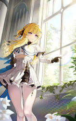Rule 34 | 1girl, absurdres, black bow, black gloves, blonde hair, book, bow, breasts, commentary request, feathers, feet out of frame, gloves, hair bow, hair ornament, high-waist skirt, highres, holding, holding book, korean commentary, liverpool0427, long sleeves, looking ahead, medium breasts, no headwear, pantyhose, parted lips, phoebe (wuthering waves), purple eyes, shirt, skirt, solo, striped bow, tacet mark (wuthering waves), twitter username, white feathers, white pantyhose, white shirt, white skirt, wuthering waves, x hair ornament