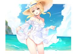 1girl absurdres alternate_costume bare_shoulders blonde_hair breasts cleavage clothing_cutout detached_sleeves dress ewaaawa flower genshin_impact hat hat_flower highres jewelry looking_at_viewer lumine_(genshin_impact) necklace short_hair_with_long_locks sleeveless sleeveless_dress solo sun_hat white_dress yellow_eyes