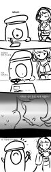 1boy 1girl 4koma absurdres beret chibi comic commander_(girls&#039;_frontline) cyclops girls&#039;_frontline hat highres hood hooded_jacket jacket korean_text monochrome one-eyed pen pureboy px4_storm_(girls&#039;_frontline)
