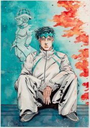 1boy 1other absurdres alternate_costume aqua_bow aqua_bowtie aqua_eyes aqua_headband bow bowtie commentary diamond_wa_kudakenai earrings english_commentary fire green_hair grey_jacket grey_pants grey_shoes heaven&#039;s_door highres jacket jewelry jojo_no_kimyou_na_bouken kishibe_rohan long_sleeves male_focus painting_(medium) pants shikishi shoes sitting sneakers stand_(jojo) traditional_media watercolor_(medium) xfkart