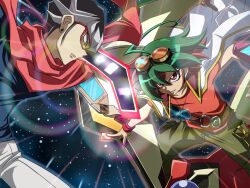 Rule 34 | 2boys, akaba reiji, blue shirt, duel disk, energy blade, glowing, green hair, grey hair, highres, jacket, jacket on shoulders, jewelry, male focus, medium hair, multicolored hair, multiple boys, odd-eyes pendulum dragon, orange jacket, pendant, red eyes, red hair, red scarf, sakaki yuya, scarf, shirt, trading card, two-tone hair, white jacket, yu-gi-oh!, yu-gi-oh! arc-v, zeke (analogmon)