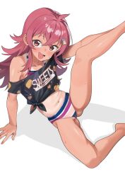 1girl ahoge bare_shoulders blush collarbone crop_top crop_top_overhang djheycha flat_chest highres idolmaster idolmaster_shiny_colors komiya_kaho loli long_hair looking_at_viewer navel open_mouth red_eyes red_hair solo stomach tan tanline very_long_hair white_background