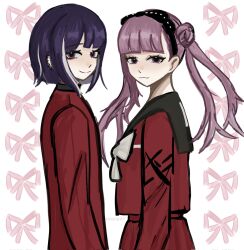 1boy brother_and_sister closed_mouth highres looking_at_viewer matching_hair/eyes matching_outfits pink_eyes pink_hair purple_hair siblings simple_background smile standing the_hundred_line_-last_defense_academy- tsukumo_ima tsukumo_kako twins