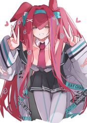 1girl absurdres animal_ears aqua_hairband arknights black_skirt coat collarbone cropped_legs detached_collar double_v grin hairband heart highres leaning_forward long_hair looking_at_viewer necktie off-shoulder_shirt off_shoulder official_alternate_costume open_clothes open_coat pink_eyes pleated_skirt rabbit_ears rabbit_girl ray_(arknights) ray_(dreaming_high)_(arknights) red_hair red_necktie shirt simple_background skirt smile solo taiiiyakiii v very_long_hair white_background white_coat