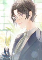 Rule 34 | 1boy, :d, alcohol, black gloves, black hair, black jacket, blue eyes, blue vest, blurry, blurry background, champagne, champagne flute, chromatic aberration, collared shirt, commentary, cup, drinking glass, glasses, gloves, green necktie, hand up, highres, holding, holding cup, indoors, jacket, kaburagi (pnoir087), lapels, lens flare, light particles, looking at viewer, lower teeth only, male focus, necktie, nijisanji, open clothes, open jacket, open mouth, parted bangs, pinstripe pattern, pinstripe vest, plant, purple eyes, shikinagi akira, shirt, short hair, smile, solo, symbol-only commentary, teeth, upper body, vest, virtual youtuber, white shirt, window, wing collar