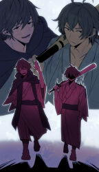 Rule 34 | 2boys, ^ ^, ahoge, aura, baseball bat, bath yukata, black eyes, closed eyes, dark aura, frown, full body, grey hair, hair between eyes, hand in pocket, hand up, hino (pixiv 58923997), holding, holding baseball bat, japanese clothes, kimono, long sleeves, looking at viewer, multiple boys, nie no machi, outline, rokushou asuku, sandals, sanpaku, shaded face, shadow, short hair, simple background, standing, suou mio, walking, waving, white outline, yukata