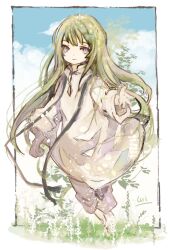 Rule 34 | 1other, ame sato, androgynous, blue sky, border, cloud, cloudy sky, commentary request, enkidu (fate), fate/grand order, fate (series), grass, green hair, long hair, looking at viewer, outstretched arm, pants, robe, sky, white border, white pants, white robe