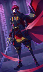 Rule 34 | 1boy, black cape, cape, crossed bangs, dark persona, fire emblem, fire emblem engage, hair between eyes, highres, looking at viewer, male alear (fell dragon) (fire emblem), male alear (fell dragon child) (fire emblem), male alear (fire emblem), male focus, meegon01, nintendo, official alternate color, official alternate eye color, official alternate hair color, red eyes, red hair, solo
