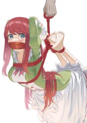 1girl absurdres arms_behind_back barefoot bdsm blue_eyes blush bondage bound bound_ankles bound_arms bound_legs bound_wrists breasts cailin020 carrying dress gag gagged green_dress hair_ornament highres hogtie improvised_gag long_hair luggage_bondage medium_breasts re:zero_kara_hajimeru_isekai_seikatsu red_hair red_rope restrained rope shibari shibari_over_clothes solo_focus suspension tape tape_gag theresia_van_astrea